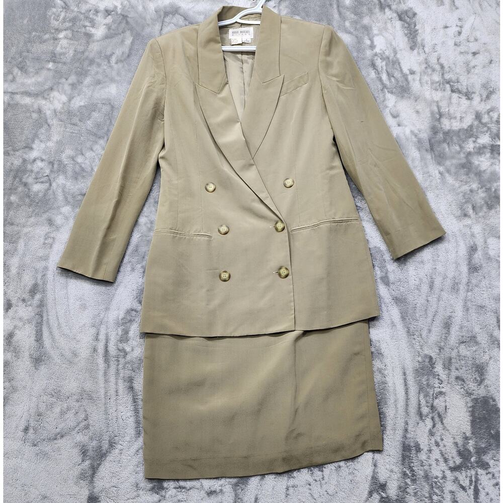 Vintage Hugo Buscati Milano Skirt Suit Womens 6‎ PETITE Tan Silk Double Breasted